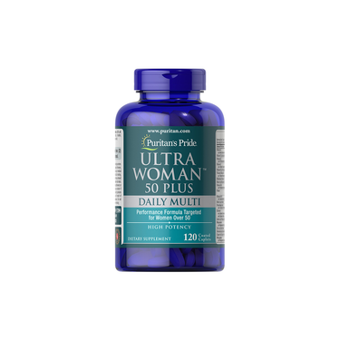 A blue bottle of Puritan's Pride Ultra Woman 50 Plus Daily Multi contains 120 coated caplets, providing essential vitamins for women over 50.